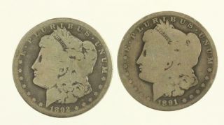 Vintage Coin Us Currency 90 Silver Morgan $1 Dollars 1892 Cc & 1891 O
