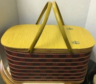 Vintage Picnic Basket Redmon Style W/inside Pie Shelf Red,  Black,  Gold - Great