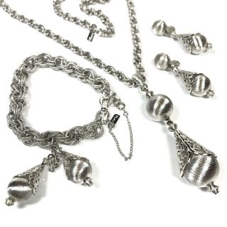Vintage Monet Bolero Necklace Bracelet Earring Set Silver Tone Tear Drop Signed