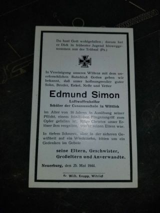 Wwii German Luftwaffe Death Card For Edmund Simon