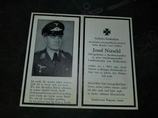 Wwii German Luftwaffe Death Card For Josef Nirschl