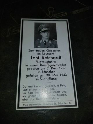 Wwii German Luftwaffe Death Card For Toni Reichardt