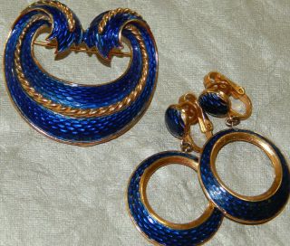 Vintage Brooch Pin & Earrings Blue Enamel L 