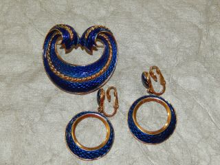 Vintage Brooch Pin & Earrings Blue Enamel L ' orient by Trifari 440 - R 3