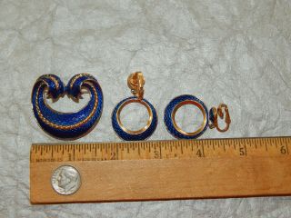 Vintage Brooch Pin & Earrings Blue Enamel L ' orient by Trifari 440 - R 7