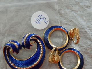 Vintage Brooch Pin & Earrings Blue Enamel L ' orient by Trifari 440 - R 8