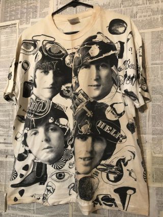 Vtg 90s The Beatles All Over Print T - Shirt