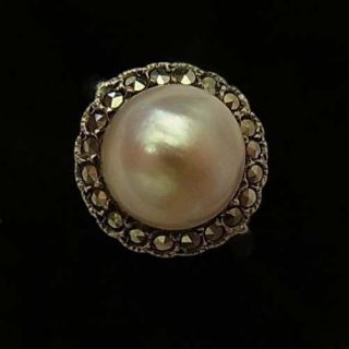 Stylish Antique Edwardian 9ct Gold,  Mabe Pearl And Marcasite Ring