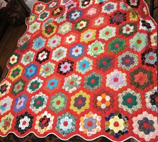 Vintage Grandmothers Flower Garden Quilt Vibrant 95 " X 95 " Queen Reds Amish