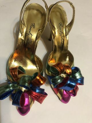 Vtg Beverly Feldman Slingback Heels Gold Multi Metallic Leather Sculpture 7m