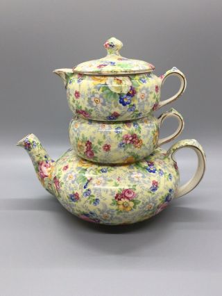 Vintage Elijah Cotton Ltd.  Lord Nelson Rosetime Chintz Stacking Teapot Complete