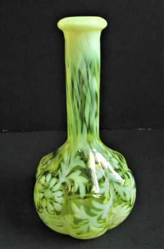 Vtg Fenton Opalescent 7 " Vaseline Art Glass Daisy Fern Barber Bottle Lobed