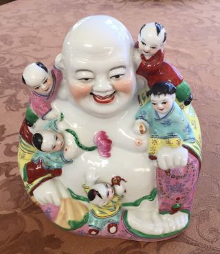 Vintage Laughing Buddha Porcelain Statue With 5 Children (happiness & Good Luck)