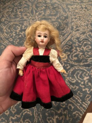 Pretty Blonde Antique 6.  75” German Bisque Doll W Wig And Clothes