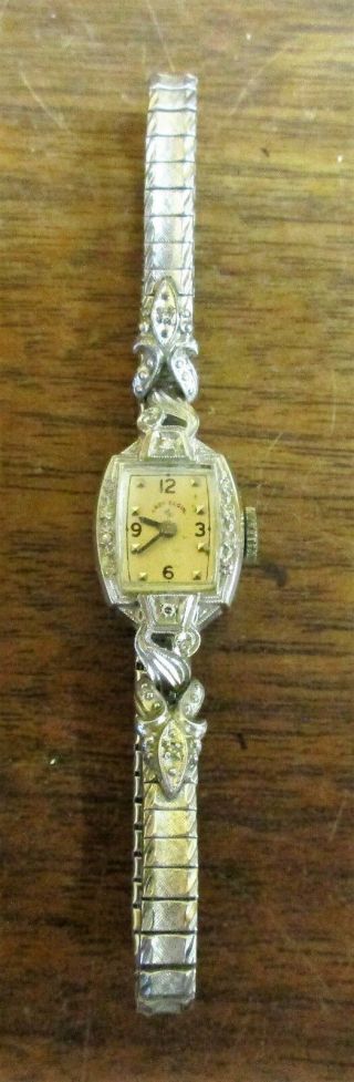 Vintage 14k White Gold 14 Diamonds Lady Elgin Wristwatch Sterling Set Band