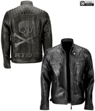 Mens Black Biker Vintage Motorcycle Racer Leather Jacket With Skull