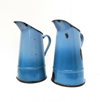 French Vintage Two Equal Pitcher Petrol Blue Gradient Enamel Old Country Home