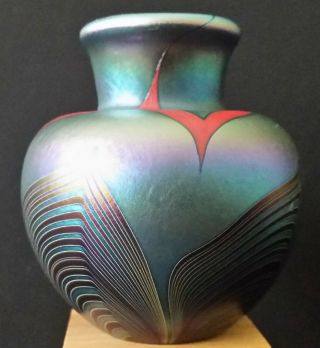 Vintage Lundberg Studios Iridescent Art Glass Mini Vase 1975 Mark Cantor 2 3/8 