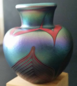 Vintage Lundberg Studios Iridescent Art Glass Mini Vase 1975 Mark Cantor 2 3/8 