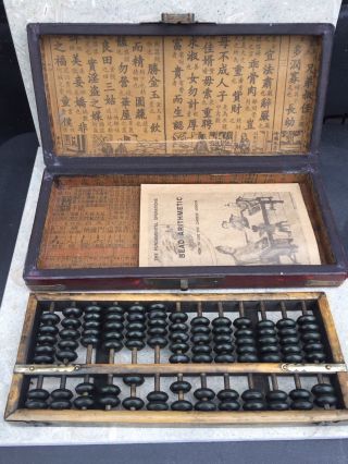 Vintage Chinese Abacus 91 Beads Leather Case Dragon Rooster