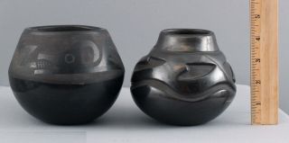 2 Vintage Unsigned Santa Clara Pueblo Black Pottery Pots,  Avanyu Water Serpent