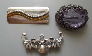 Three Vintage Sterling/800 Silver Pins One With Large Lavender Stone 1930 - 1980