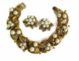 Ornate Faux Pearl Leafy Bracelet & Earring Set - Schiaparelli ? Kafin ? Ledo ?