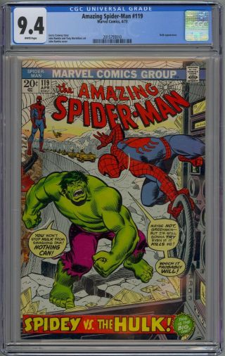 Spider - Man 119 Cgc 9.  4 Nm Wp Incredible Hulk Marvel 1973 Rare White Pgs