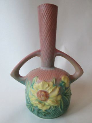 Floral Bud Vase Vintage Roseville Art Pottery: Pink Peony Pattern Exc
