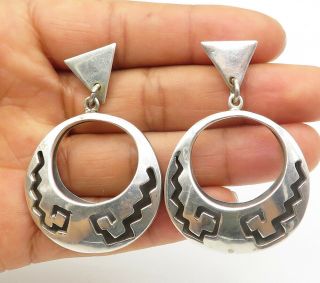 Taxco Mexico 925 Silver - Vintage Geometric Cutout Round Dangle Earrings - E5070