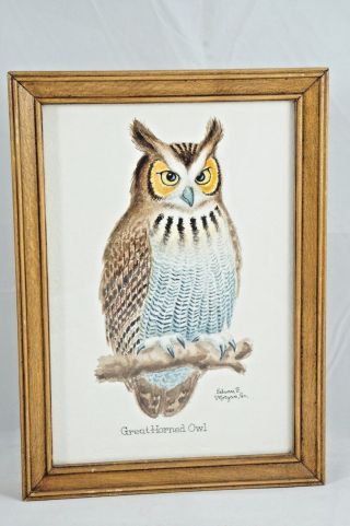 Vintage Great Horned Owl Hand Painted Framed Signed Edwin E.  Morgan,  Sr.