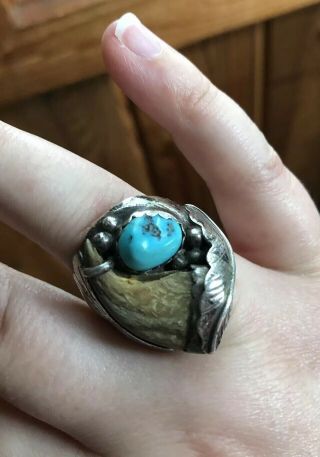 Huge Vintage Native American Turquoise And Faux Claw Sterling 925 Ring