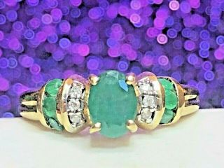 Vintage Estate 10k Gold Natural Green Emerald Diamond Ring Wedding Engagement