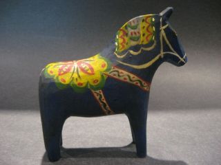 Vintage Nils Olsson Blue Dala Wood Horse Hand Carved & Painted Sweden 4 3/8 Inch