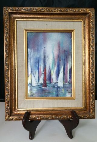 Vintage 8 1/2 " X 11 " Enamel On Copper Painting " Sailboats " By Steffy Averbach