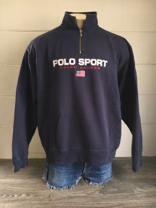 Polo Sport Ralph Lauren Vtg 1/4 Zip Pull Over Sweatshirt Spell Out Flag Sewn Xxl