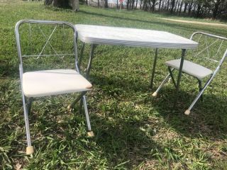 Vintage Child’s Formica Look Folding Chrome Card Table And Chairs