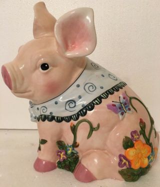 Vintage Mercuries Ceramic Pink Pig Piggy Cookie Jar Raised Flowers Butterfly Evc