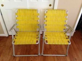 Vintage Webbed Aluminum Folding Chairs Beach Lawn Yellow