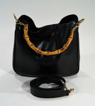 Authentic Vintage Gucci Black Leather Bamboo Handle Hand Hobo Shoulder Bag