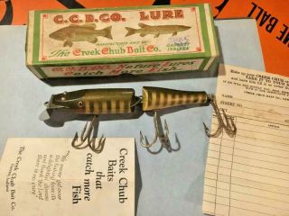 Vintage 1920 CCB Creek Chub Bait Co.  Pikie Fishing Lure Box w/Papers Ex 3