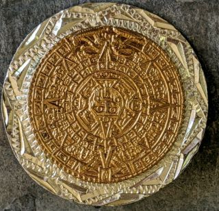 Vtg Mayan Aztec Calendar 925 Sterling Silver Gold Tone Mexico Pin Brooch Pendant