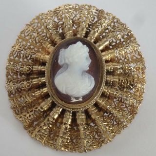 Antique Victorian Gold Filled Filigree Hardstone Cameo Ruffle Brooch
