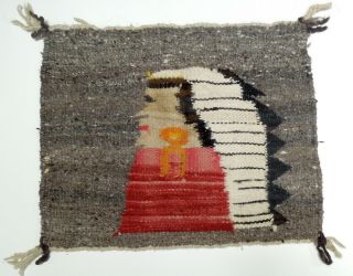 Vintage Navajo Pictorial Rug Primative Indian Chief In Headdress 15x13 Weaving