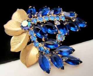 Rare Vintage 2 - 3/4 " Unsigned Weiss Goldtone Blue Rhinestone Brooch Pin A33