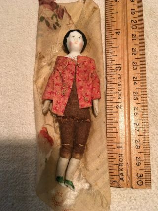 Antique 4 " China Shoulder Head Doll W Hands And Feet On Cloth Body