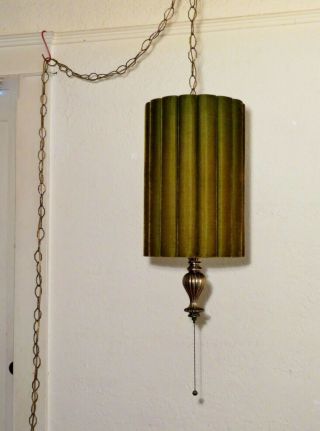 Vintage Mid Century Brown/olive Green Velvet Hanging Swag Lamp - Shade Is 18x12