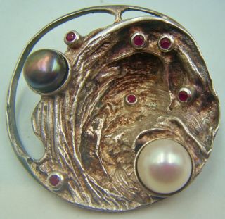 A " Very " Unusual Arts & Craft Style Pendant.  Set With Ruby & Pearls.  Gorgeous