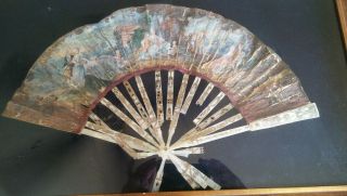 Antique Carved Mother Pearl Hand Painted Hand Fan In Frame 1700s?