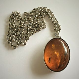 Large Silver Mounted Amber Pendant With Silver Chain,  London 1987,  Jg